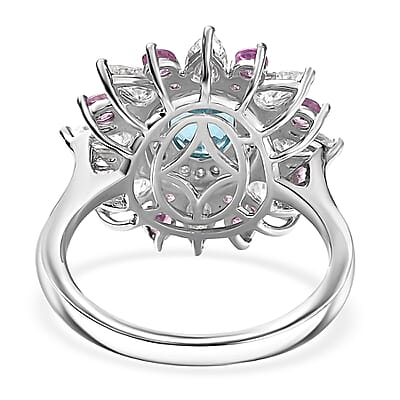 D'Joy Premium Betroka Blue Apatite and Multi Gemstone 3.70 ctw Floral Ring in Rhodium Over Sterling Silver (Size 10.0)