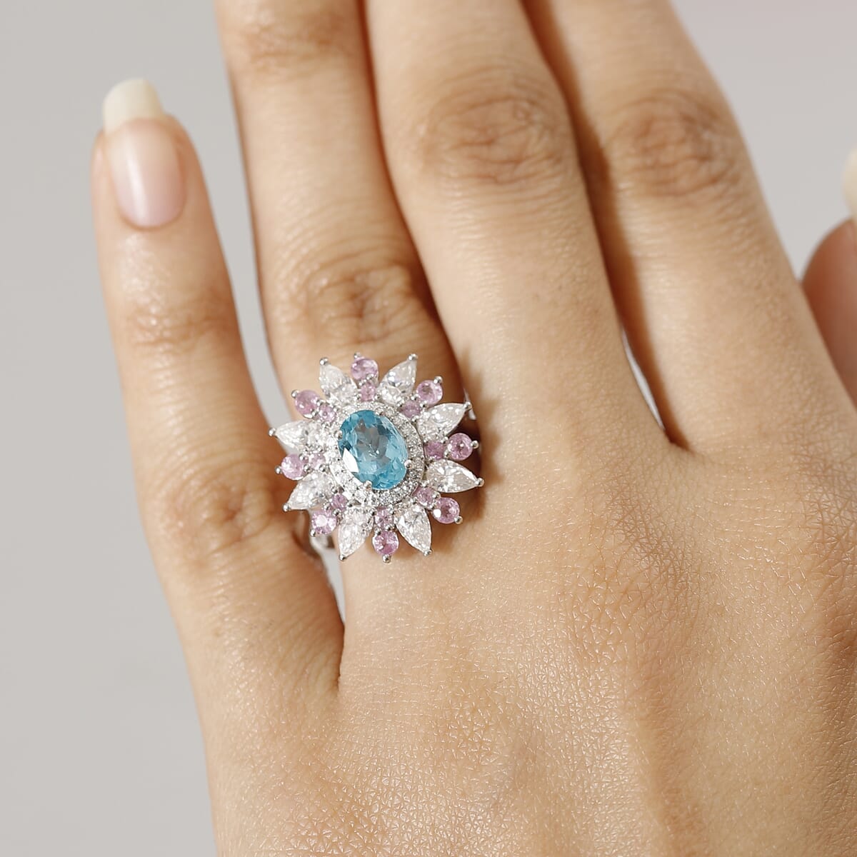 Premium Betroka Blue Apatite and Multi Gemstone 3.70 ctw Floral Ring in Rhodium Over Sterling Silver (Size 7.0) image number 2