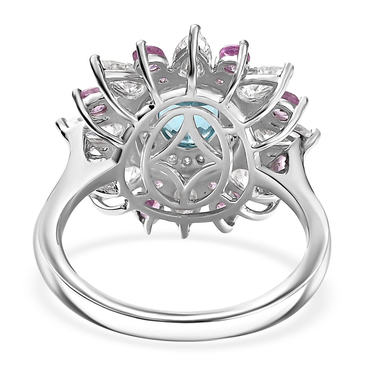 Premium Betroka Blue Apatite and Multi Gemstone 3.70 ctw Floral Ring in Rhodium Over Sterling Silver (Size 7.0) image number 4
