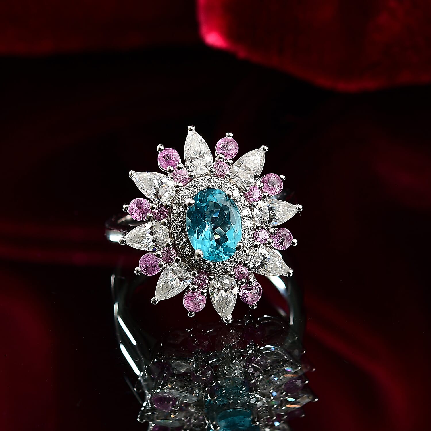 D'Joy Premium Betroka Blue Apatite and Multi Gemstone 3.70 ctw Floral Ring in Rhodium Over Sterling Silver (Size 9.0)
