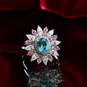 D'Joy Premium Betroka Blue Apatite and Multi Gemstone 3.70 ctw Floral Ring in Rhodium Over Sterling Silver (Size 9.0)