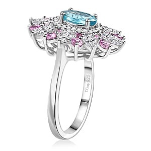 D'Joy Premium Betroka Blue Apatite and Multi Gemstone 3.70 ctw Floral Ring in Rhodium Over Sterling Silver (Size 9.0)