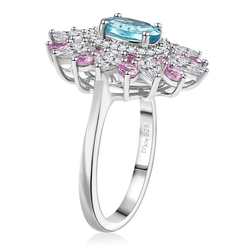 D'Joy Premium Betroka Blue Apatite and Multi Gemstone 3.70 ctw Floral Ring in Rhodium Over Sterling Silver (Size 9.0)