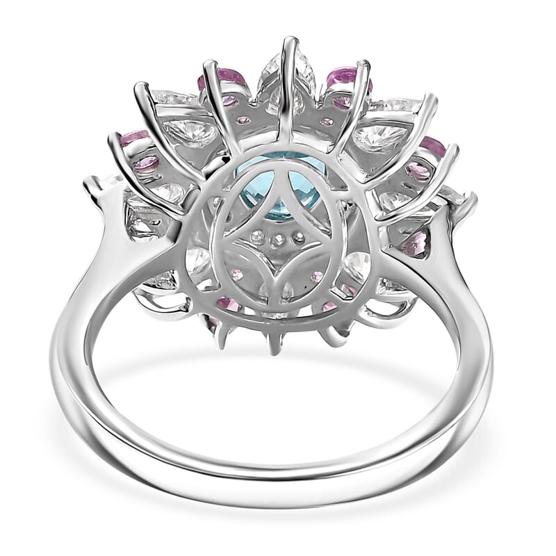 D'Joy Premium Betroka Blue Apatite and Multi Gemstone 3.70 ctw Floral Ring in Rhodium Over Sterling Silver (Size 9.0)