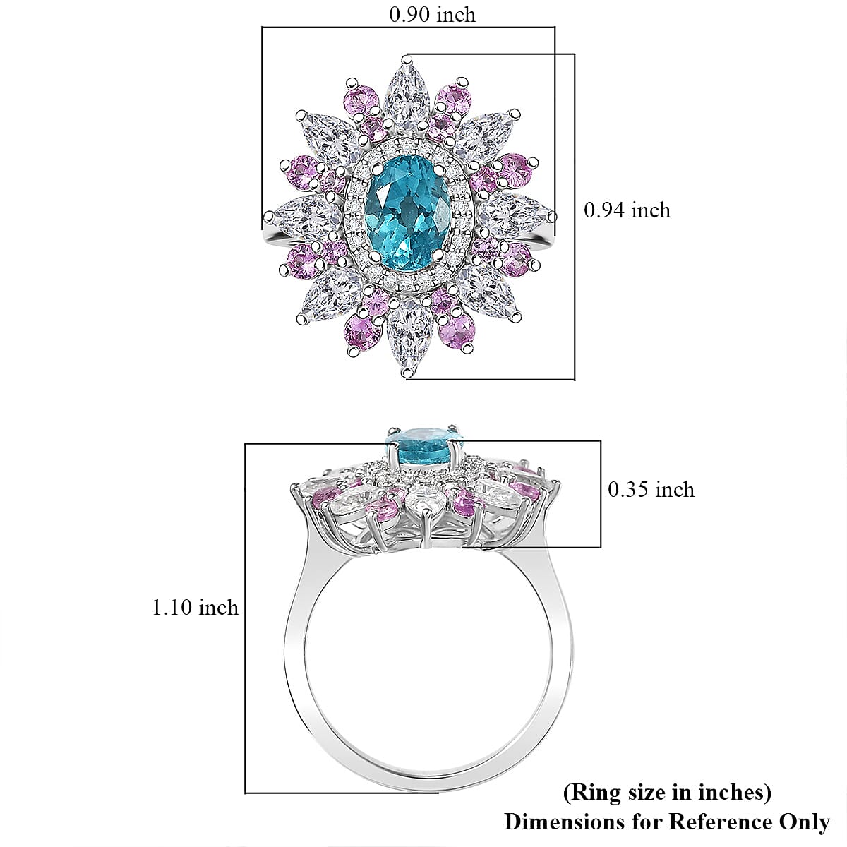 D'Joy Premium Betroka Blue Apatite and Multi Gemstone 3.70 ctw Floral Ring in Rhodium Over Sterling Silver (Size 9.0)