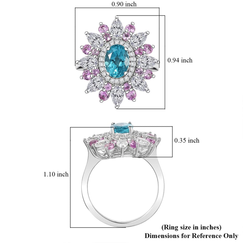 D'Joy Premium Betroka Blue Apatite and Multi Gemstone 3.70 ctw Floral Ring in Rhodium Over Sterling Silver (Size 9.0)