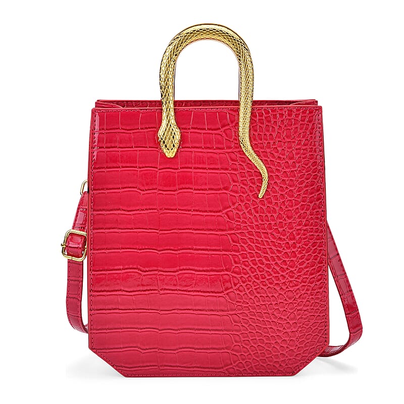 Rose Red Croco Embossed Faux Leather Crossbody Bag with Golden Snake Handle