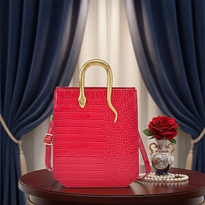 Rose Red Croco Embossed Faux Leather Crossbody Bag with Golden Snake Handle