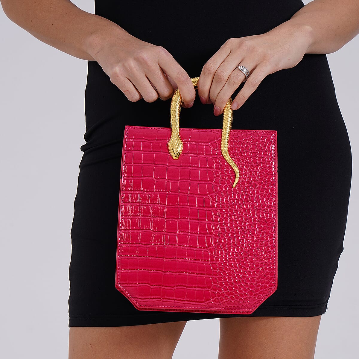 Rose Red Croco Embossed Faux Leather Crossbody Bag with Golden Snake Handle image number 3