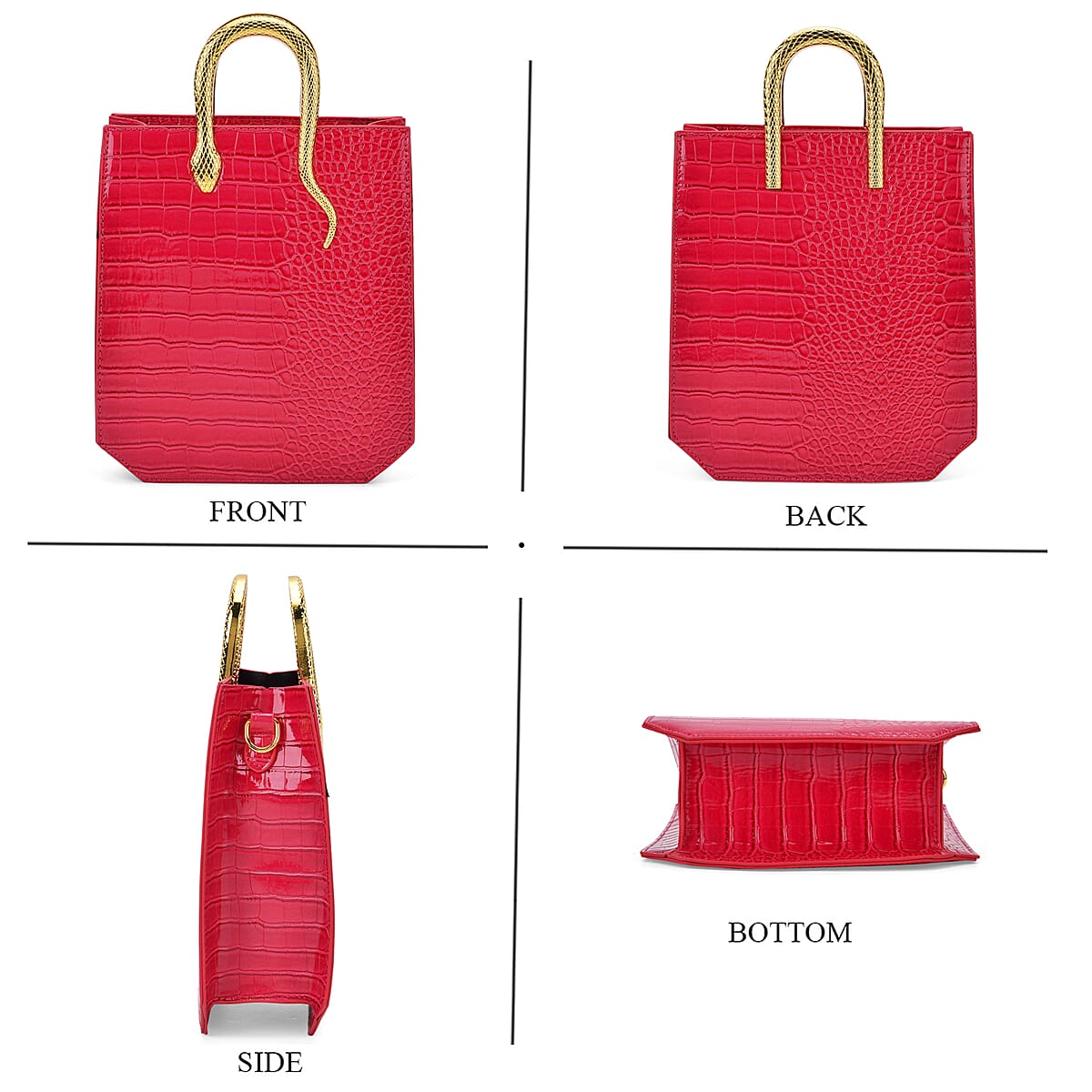 Rose Red Croco Embossed Faux Leather Crossbody Bag with Golden Snake Handle image number 4