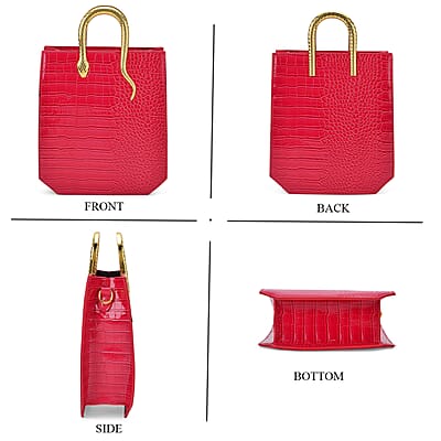 Rose Red Croco Embossed Faux Leather Crossbody Bag with Golden Snake Handle