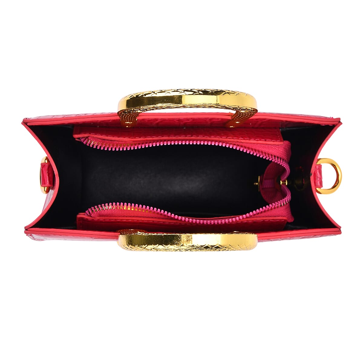 Rose Red Croco Embossed Faux Leather Crossbody Bag with Golden Snake Handle image number 5