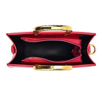 Rose Red Croco Embossed Faux Leather Crossbody Bag with Golden Snake Handle