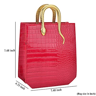 Rose Red Croco Embossed Faux Leather Crossbody Bag with Golden Snake Handle