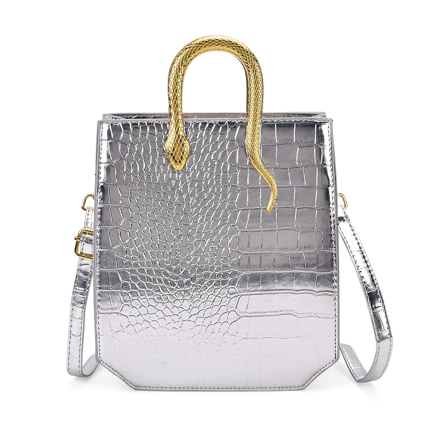 Rose Red Croco Embossed Faux Leather Crossbody Bag (7.48"x4.33"x7.48") with Golden Snake Handle
