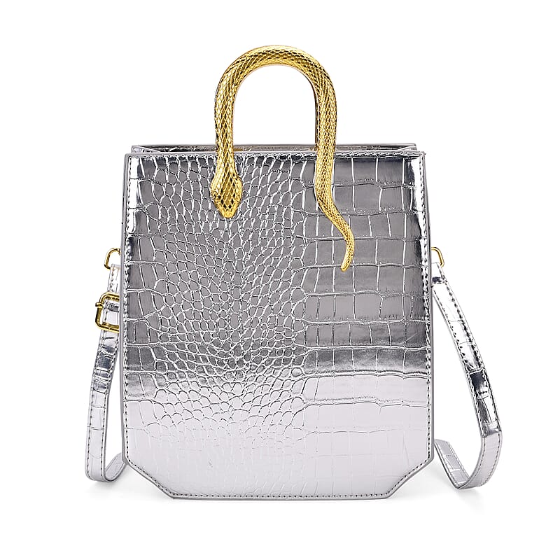 Silver Croco Embossed Faux Leather Crossbody Bag with Golden Snake Handle