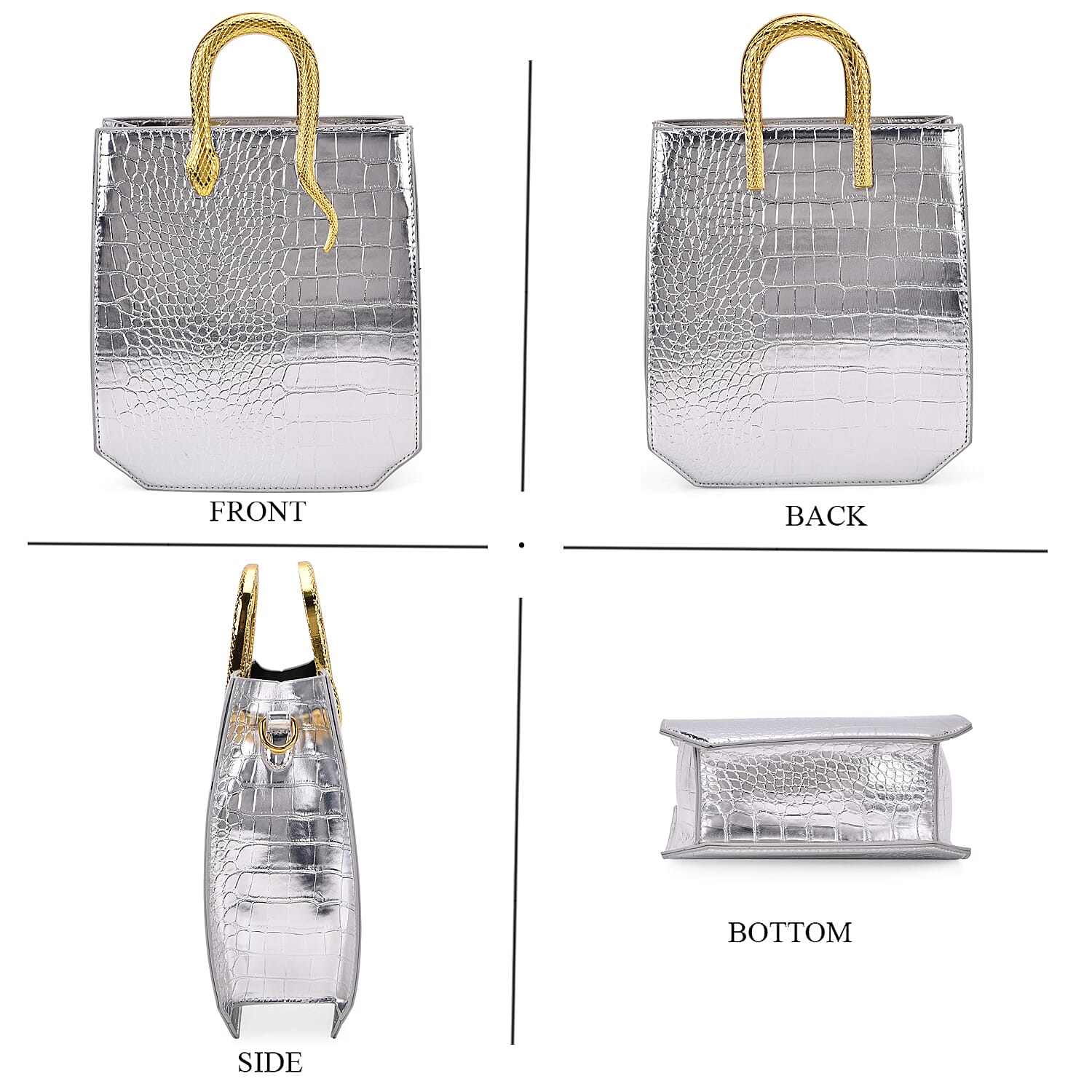 Silver Croco Embossed Faux Leather Crossbody Bag with Golden Snake Handle