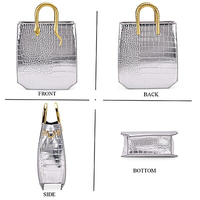 Silver Croco Embossed Faux Leather Crossbody Bag with Golden Snake Handle