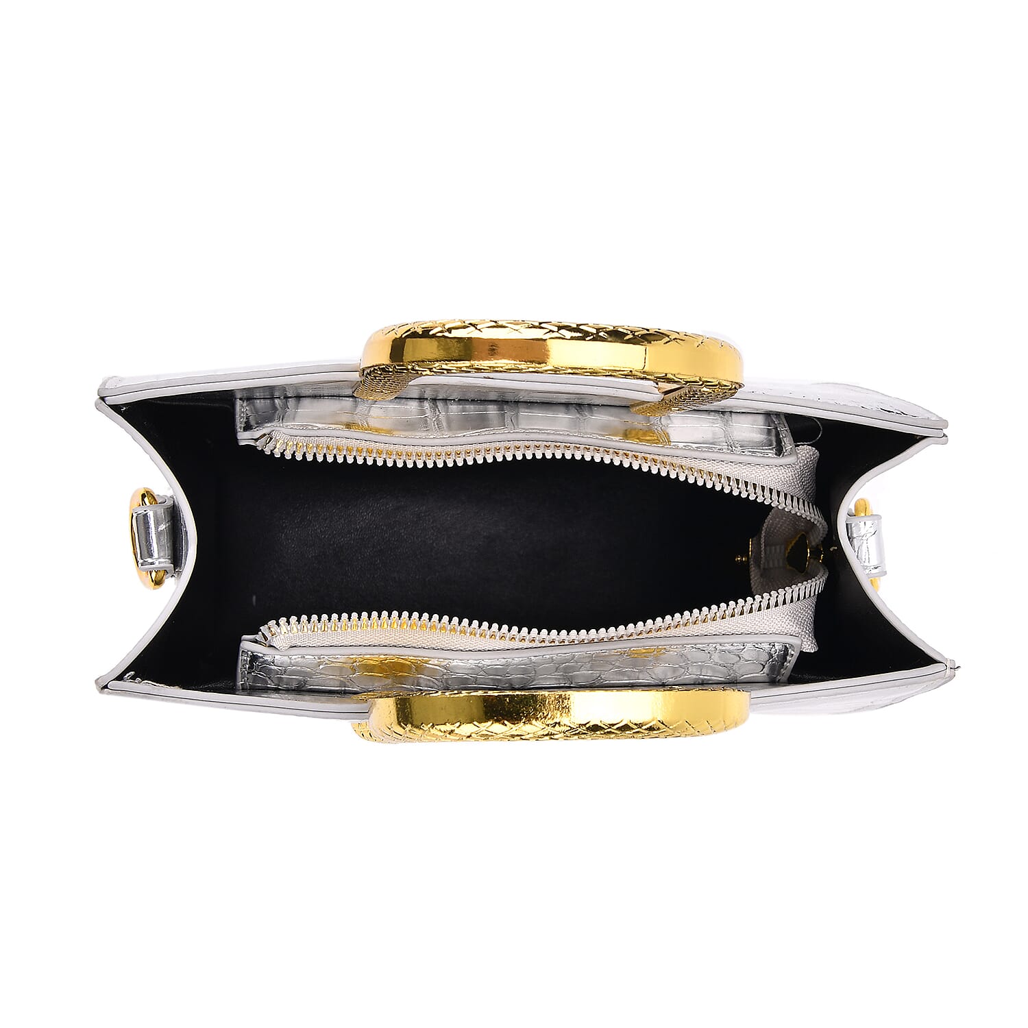 Silver Croco Embossed Faux Leather Crossbody Bag with Golden Snake Handle