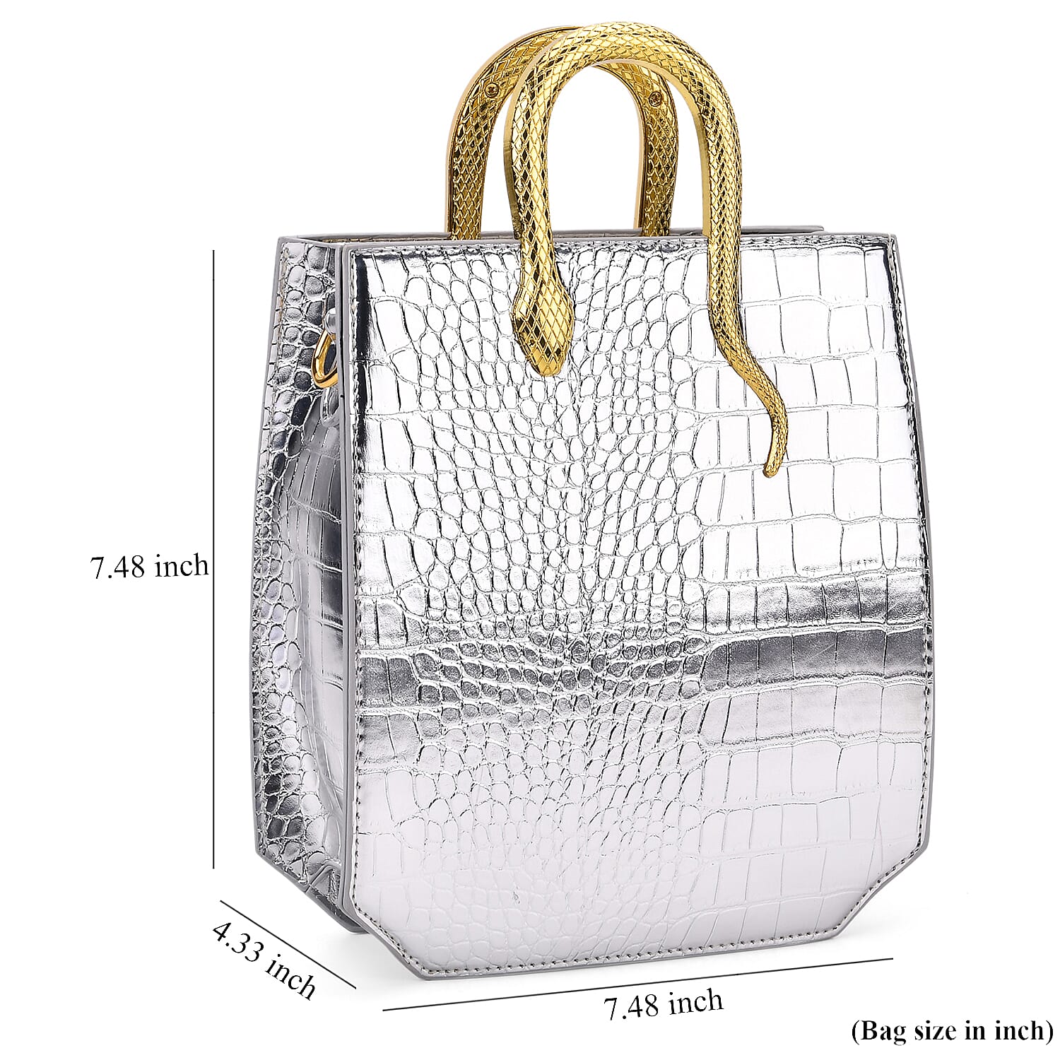 Silver Croco Embossed Faux Leather Crossbody Bag with Golden Snake Handle