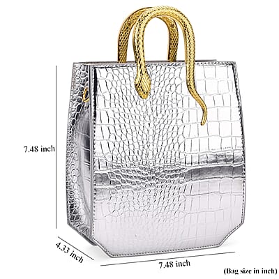 Silver Croco Embossed Faux Leather Crossbody Bag with Golden Snake Handle