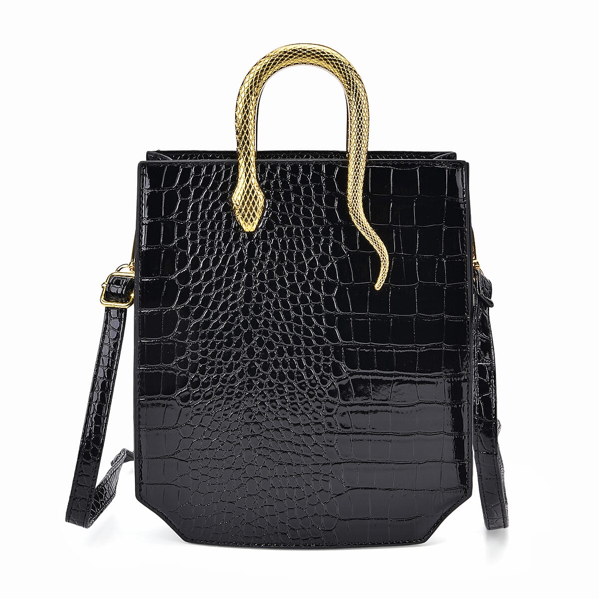 Black Croco Embossed Faux Leather Crossbody Bag with Golden Snake Handle image number 0