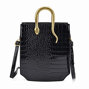 Black Croco Embossed Faux Leather Crossbody Bag with Golden Snake Handle
