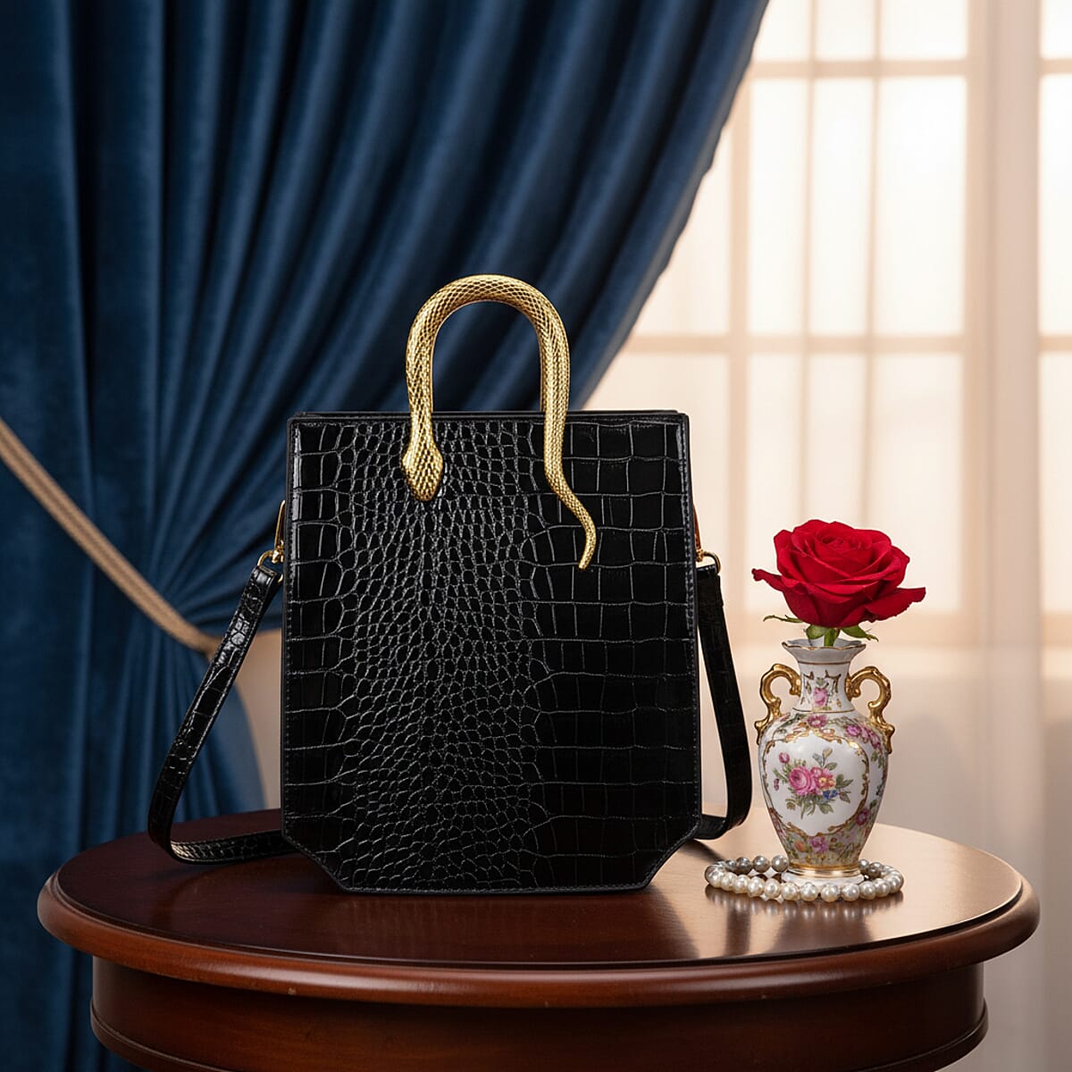 Black Croco Embossed Faux Leather Crossbody Bag with Golden Snake Handle image number 1