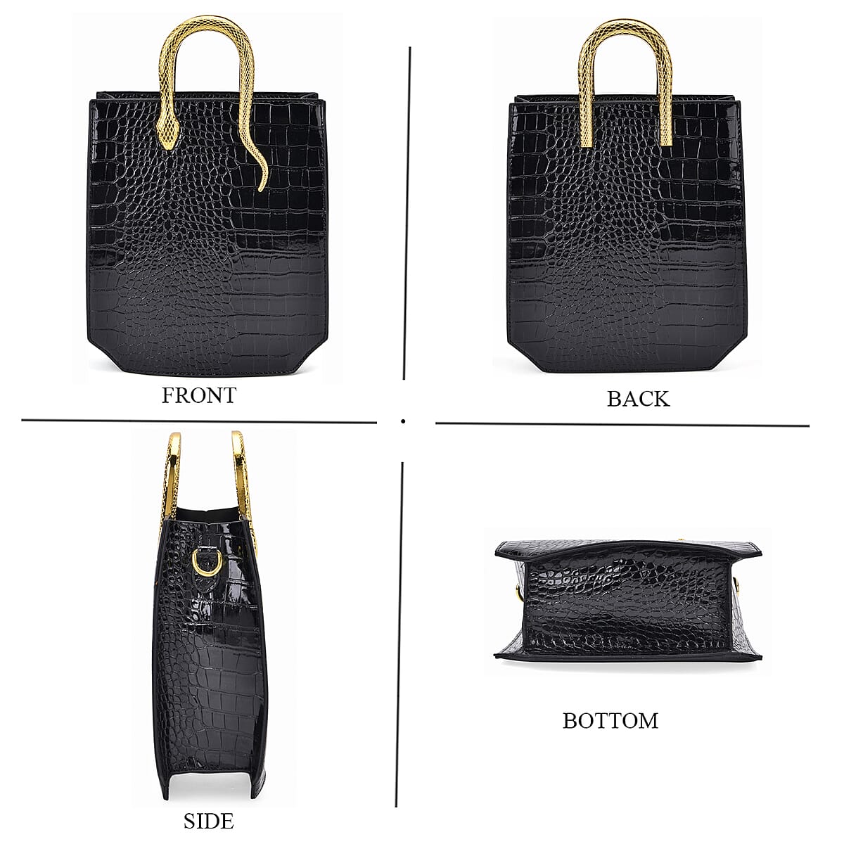 Black Croco Embossed Faux Leather Crossbody Bag with Golden Snake Handle image number 4