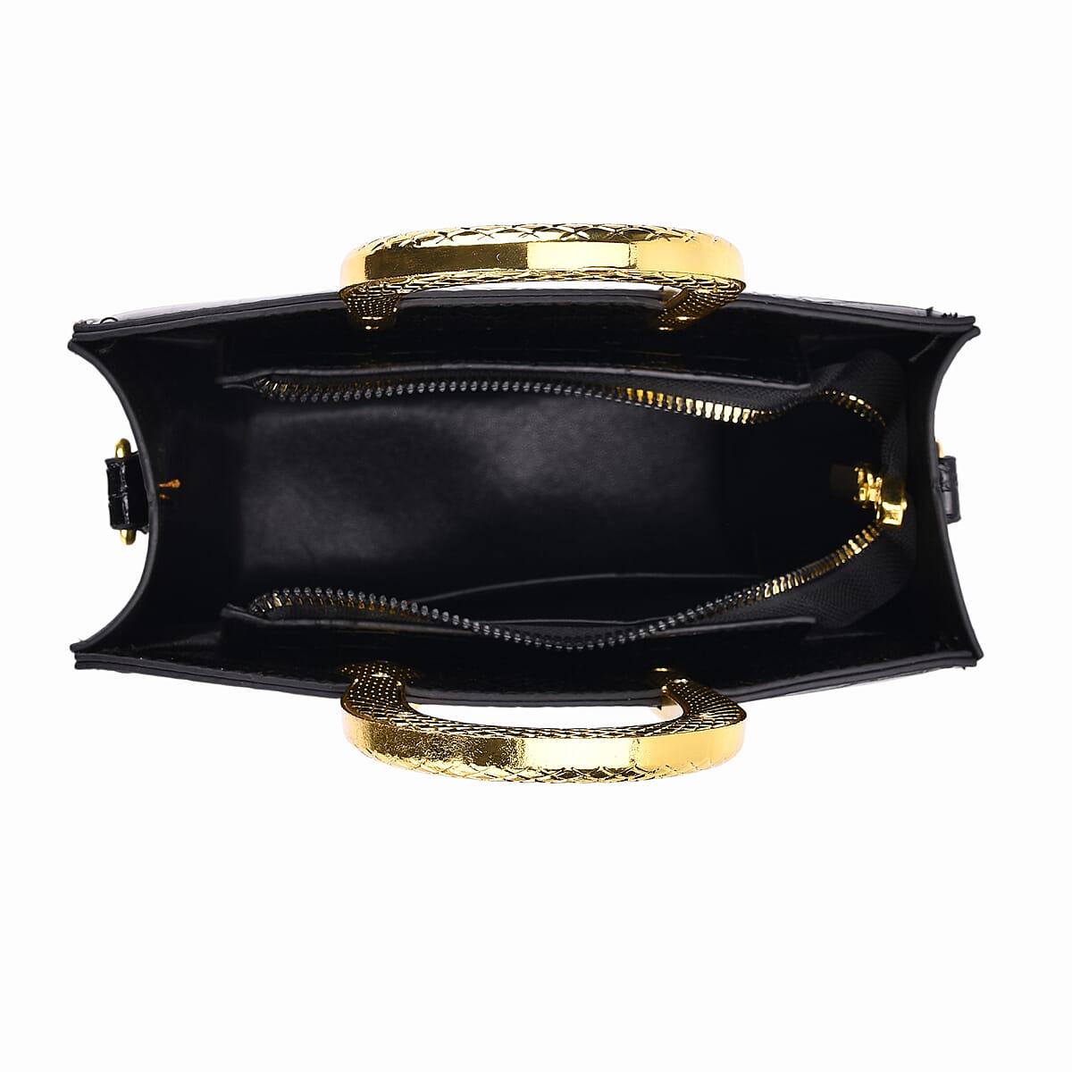 Black Croco Embossed Faux Leather Crossbody Bag with Golden Snake Handle image number 5