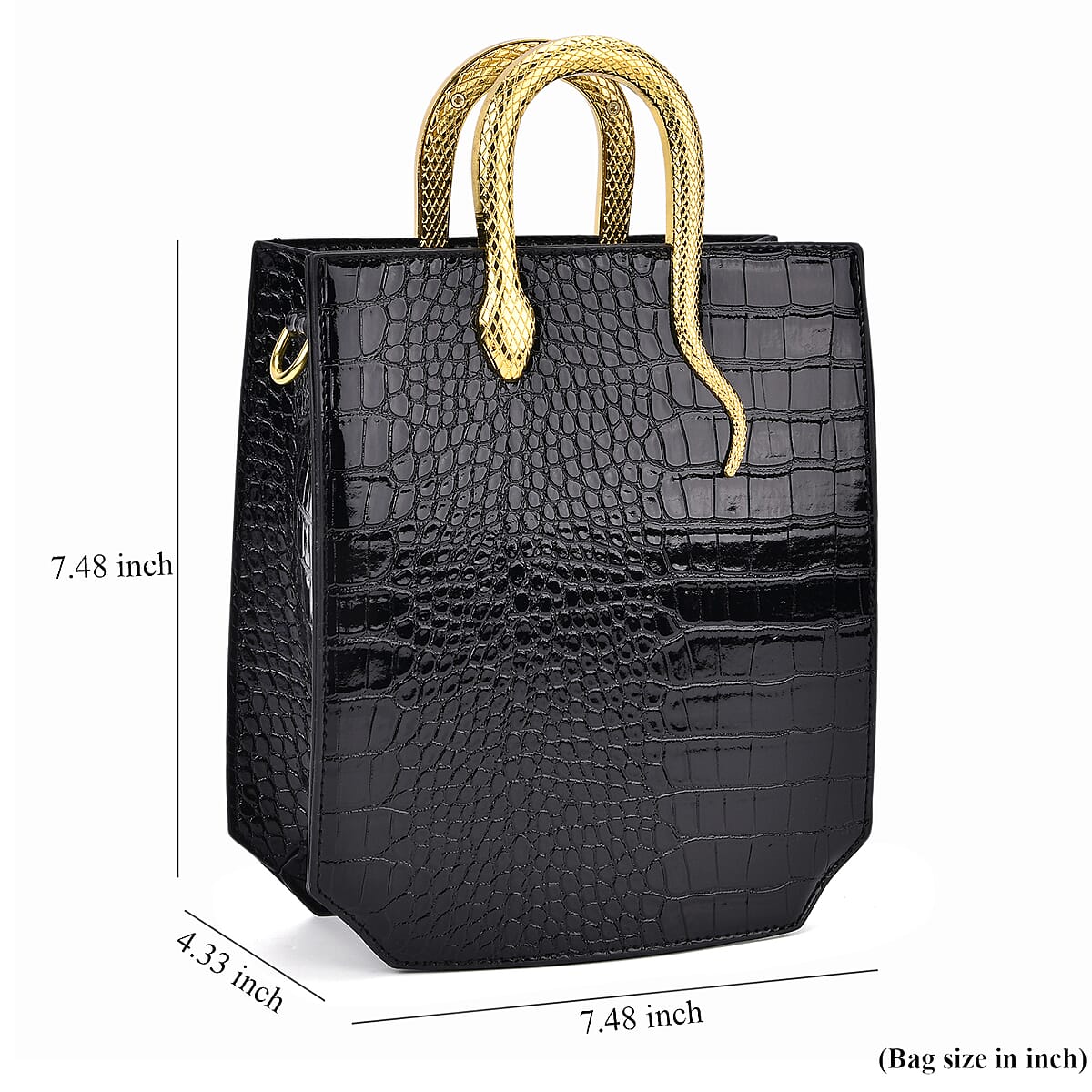 Black Croco Embossed Faux Leather Crossbody Bag with Golden Snake Handle image number 6