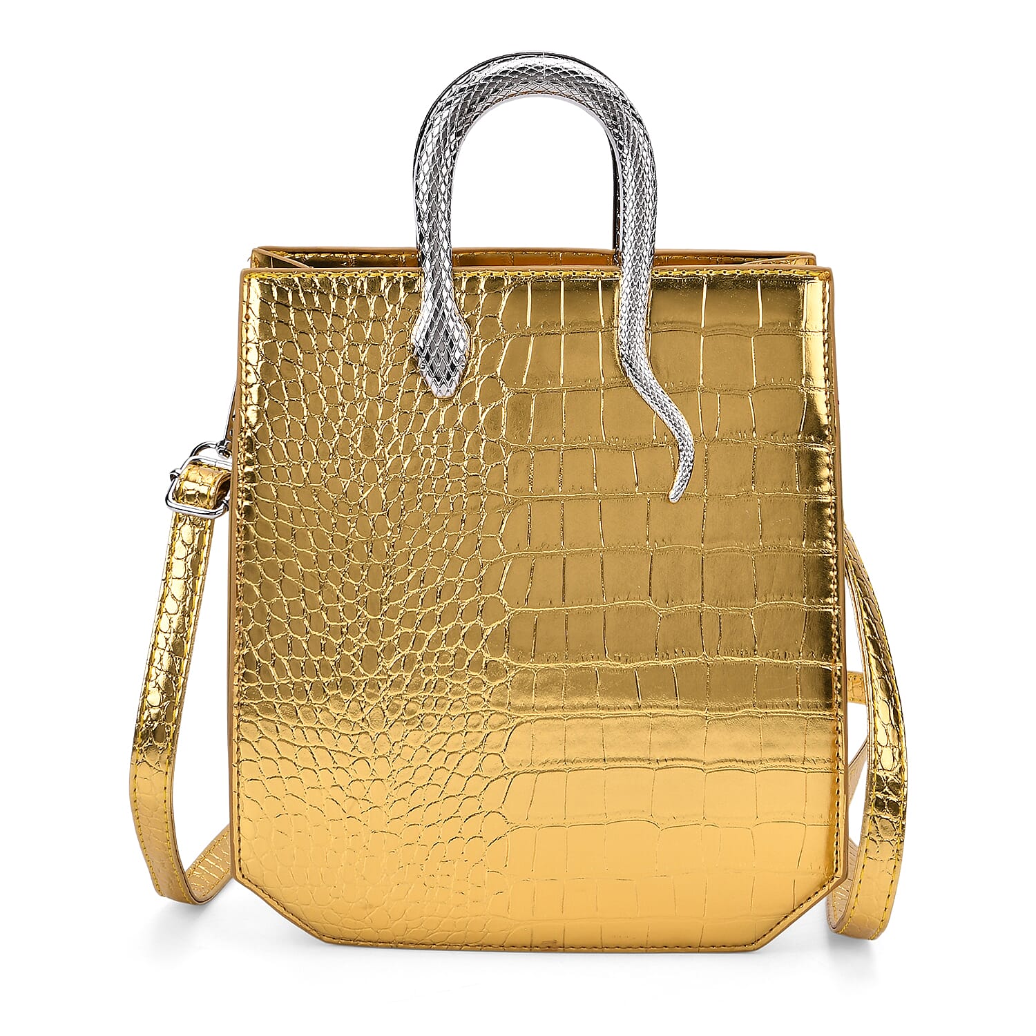 Rose Red Croco Embossed Faux Leather Crossbody Bag (7.48"x4.33"x7.48") with Golden Snake Handle