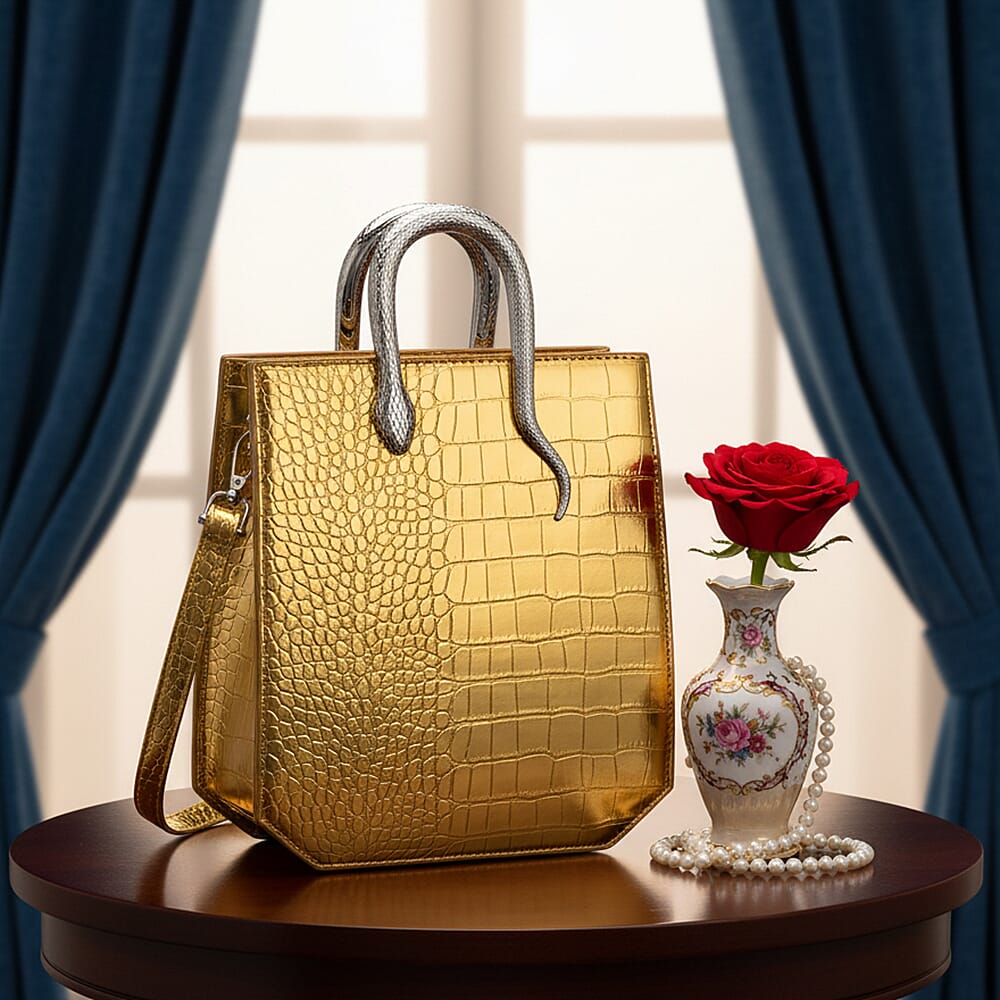Golden Croco Embossed Faux Leather Crossbody Bag with Golden Snake Handle