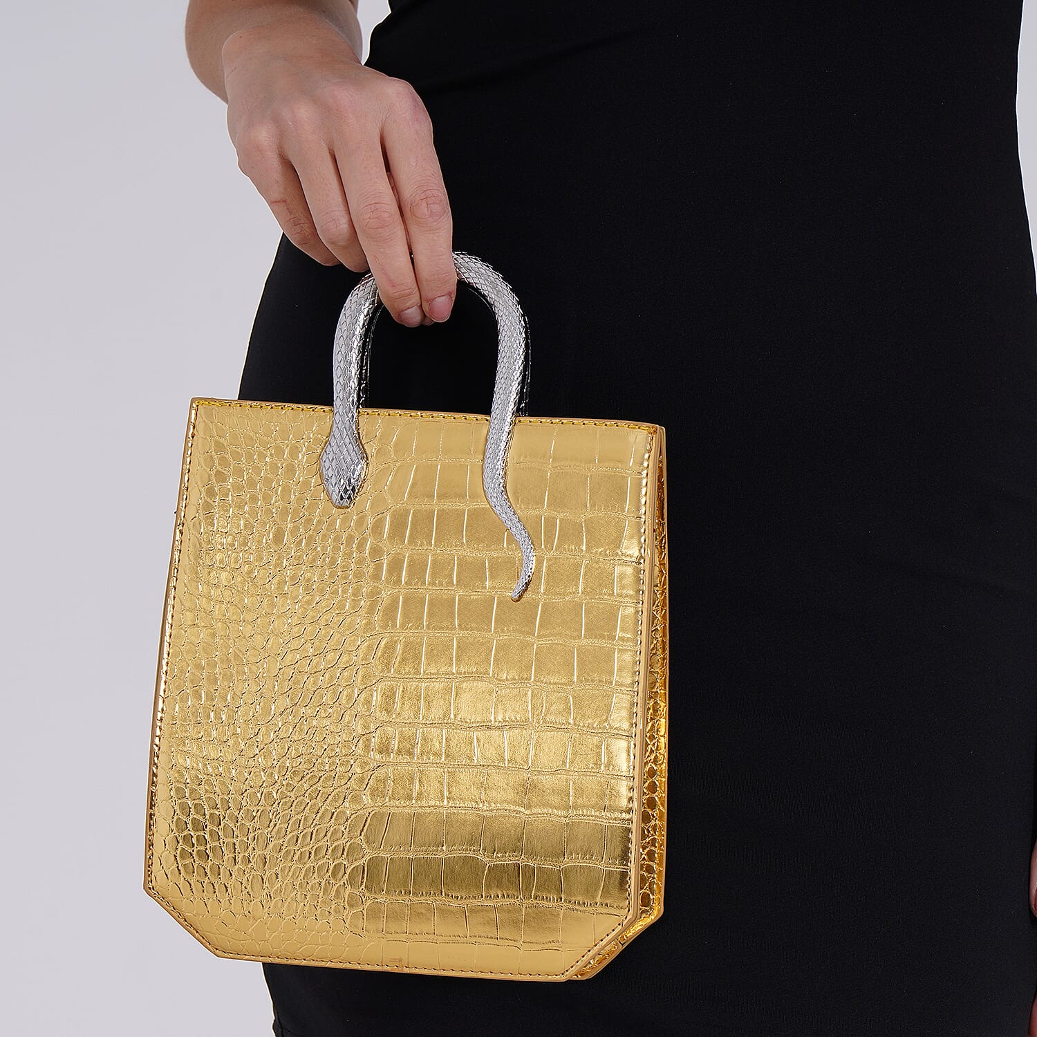 Golden Croco Embossed Faux Leather Crossbody Bag with Golden Snake Handle