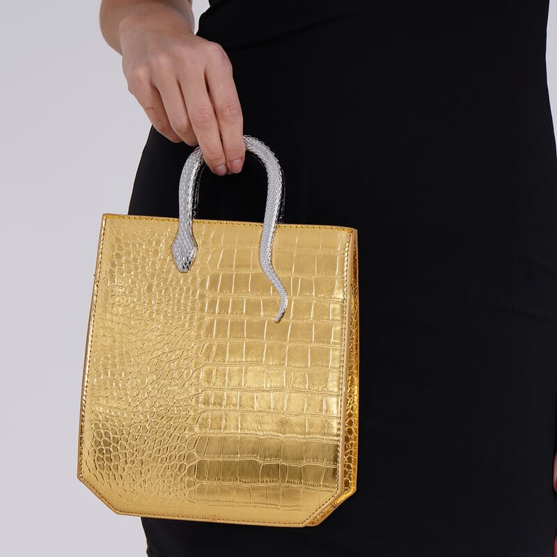 Golden Croco Embossed Faux Leather Crossbody Bag with Golden Snake Handle