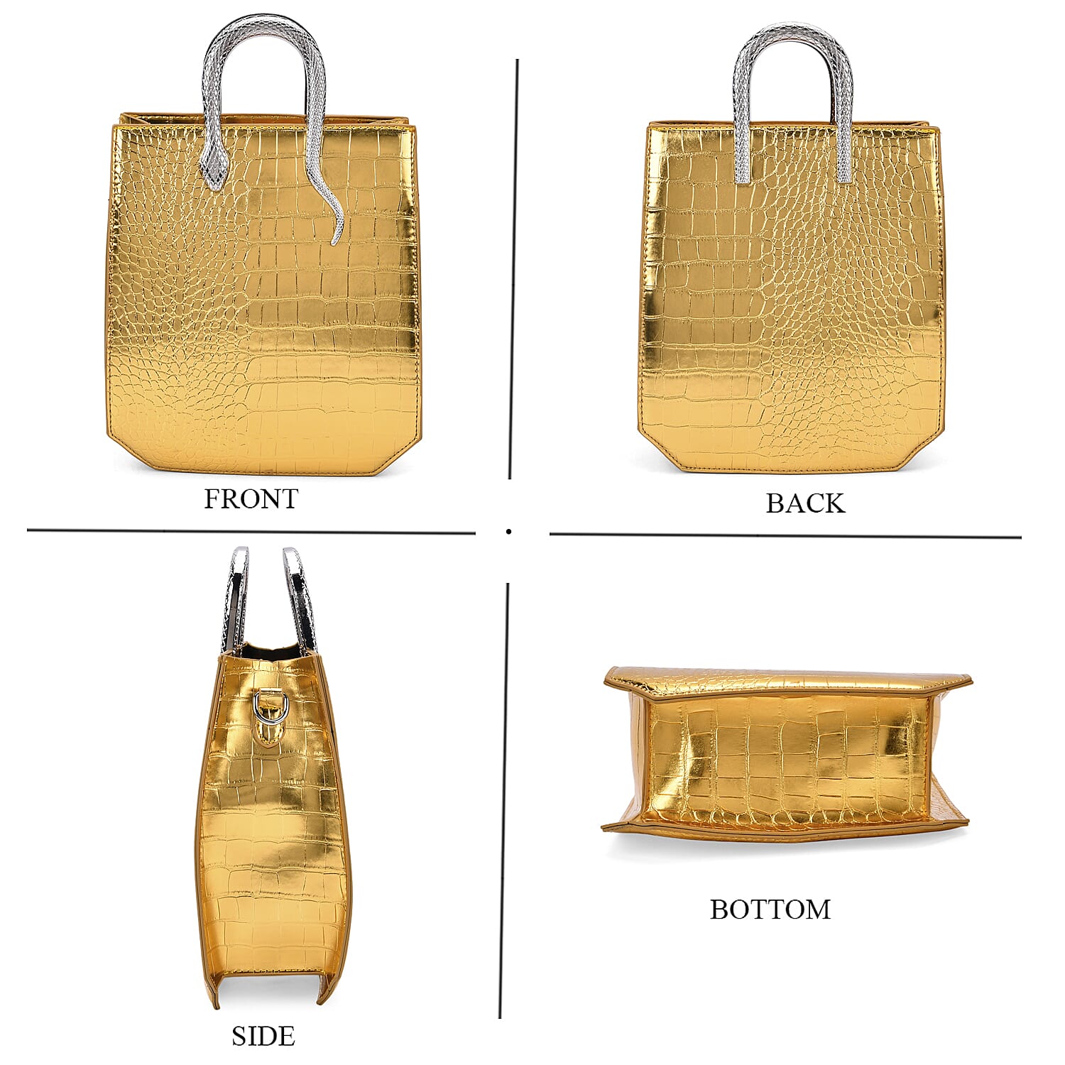 Golden Croco Embossed Faux Leather Crossbody Bag with Golden Snake Handle