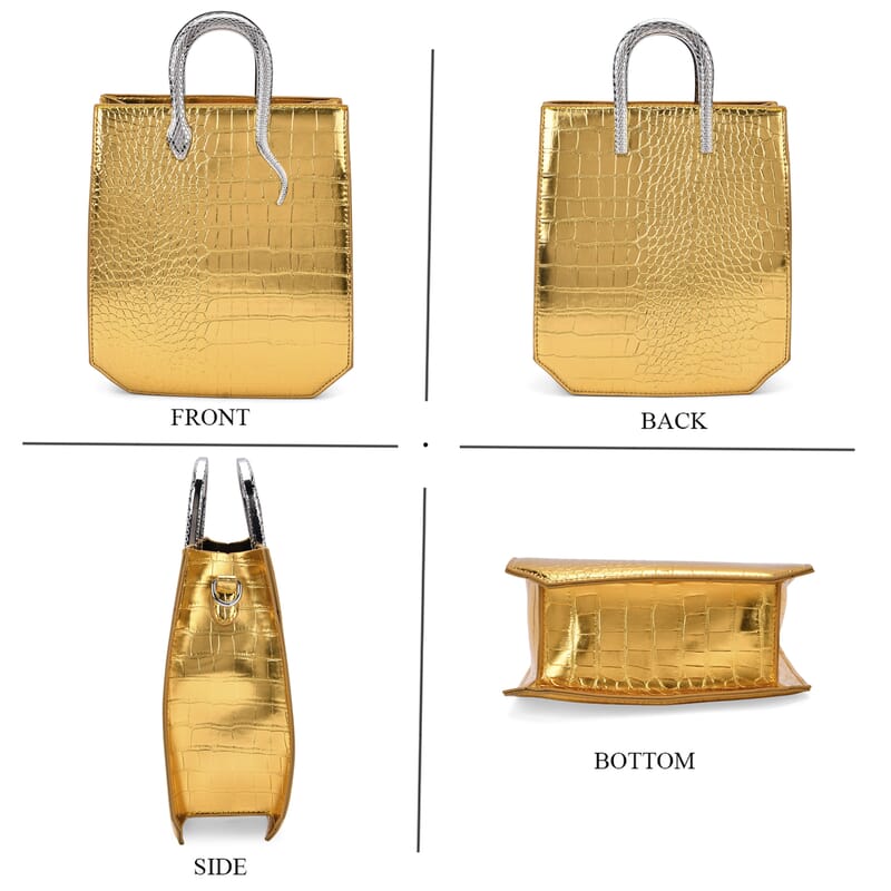 Golden Croco Embossed Faux Leather Crossbody Bag with Golden Snake Handle