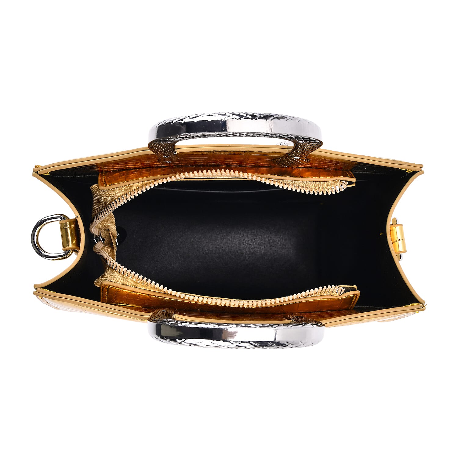 Golden Croco Embossed Faux Leather Crossbody Bag with Golden Snake Handle