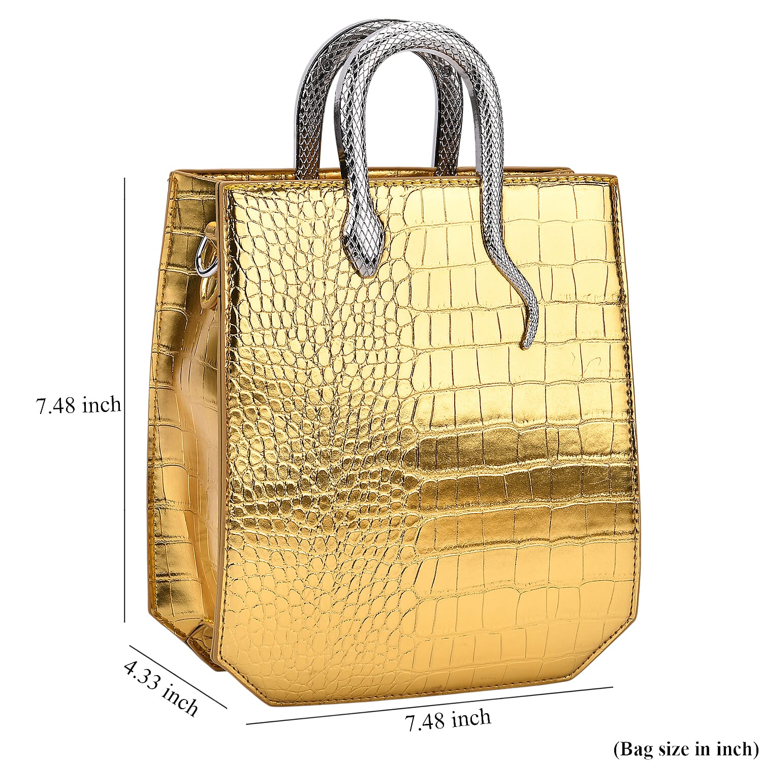 Golden Croco Embossed Faux Leather Crossbody Bag with Golden Snake Handle