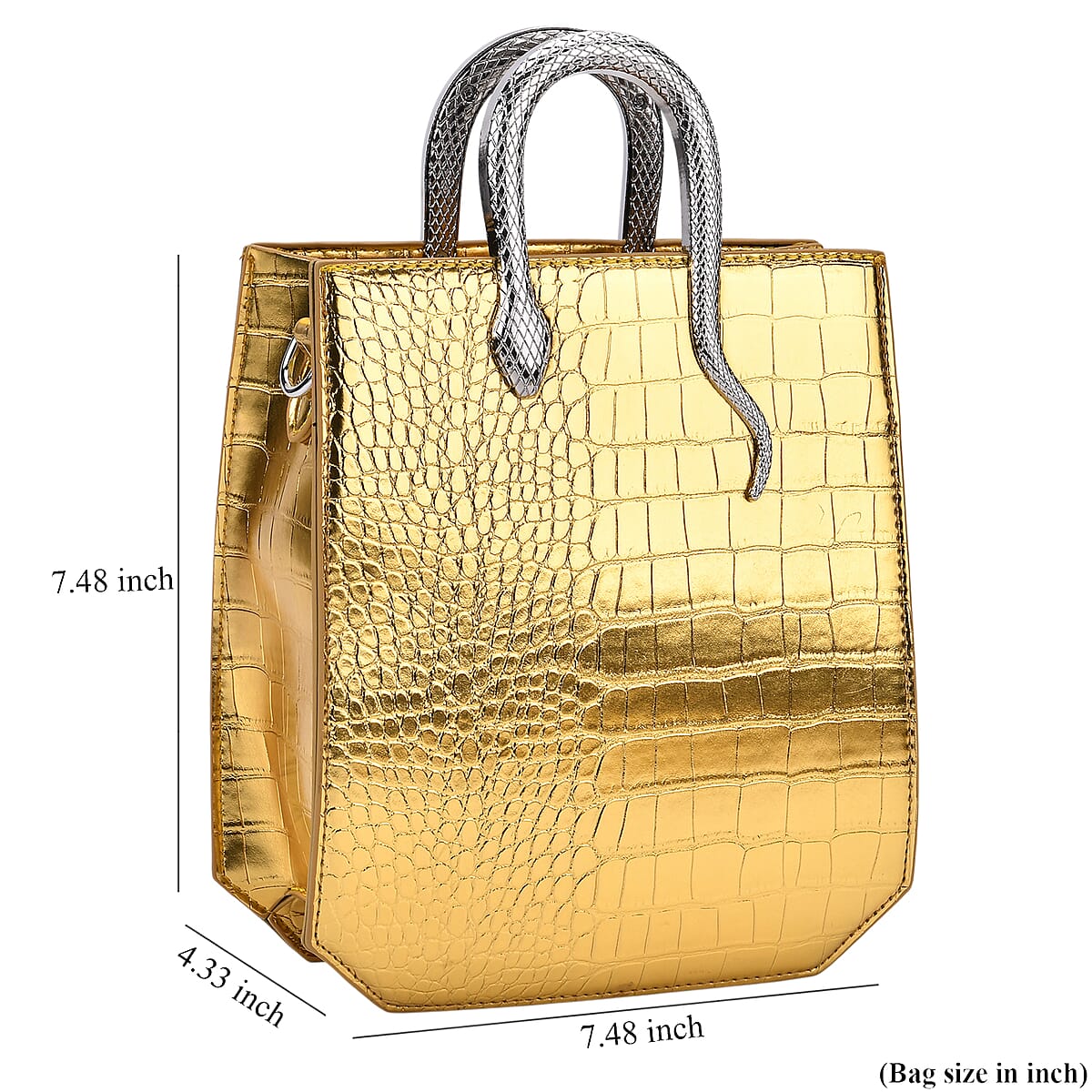 Golden Croco Embossed Faux Leather Crossbody Bag with Golden Snake Handle image number 6