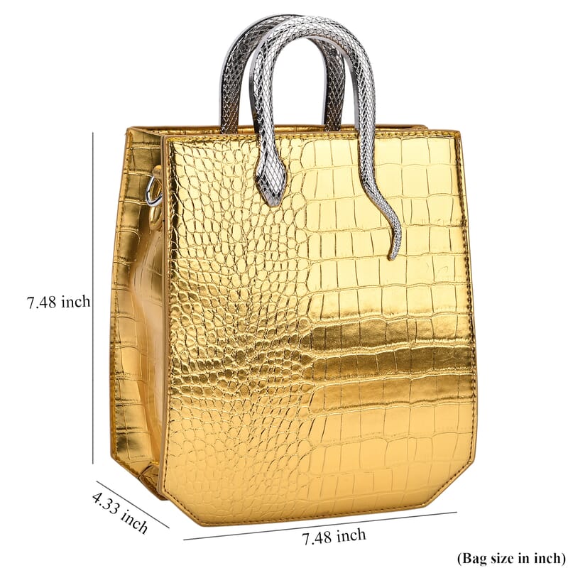 Golden Croco Embossed Faux Leather Crossbody Bag with Golden Snake Handle