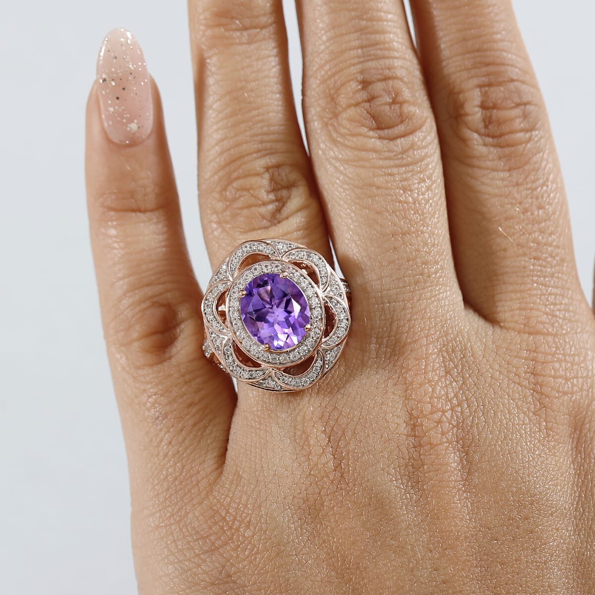 GP Celestial Dream Collection AAA Rose De France Amethyst and Multi Gemstone 4.25 ctw Ring in 18K Vermeil Rose Gold Over Sterling Silver (Size 8.0) image number 2