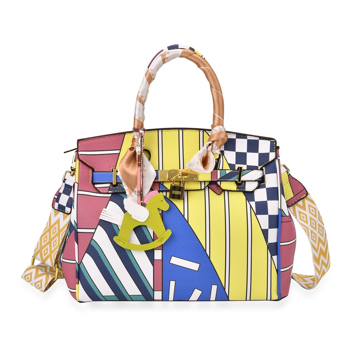 Color Stripe Faux Leather Crossbody Bag with Pony Charm with Adjustable Shoulder Strap image number 0