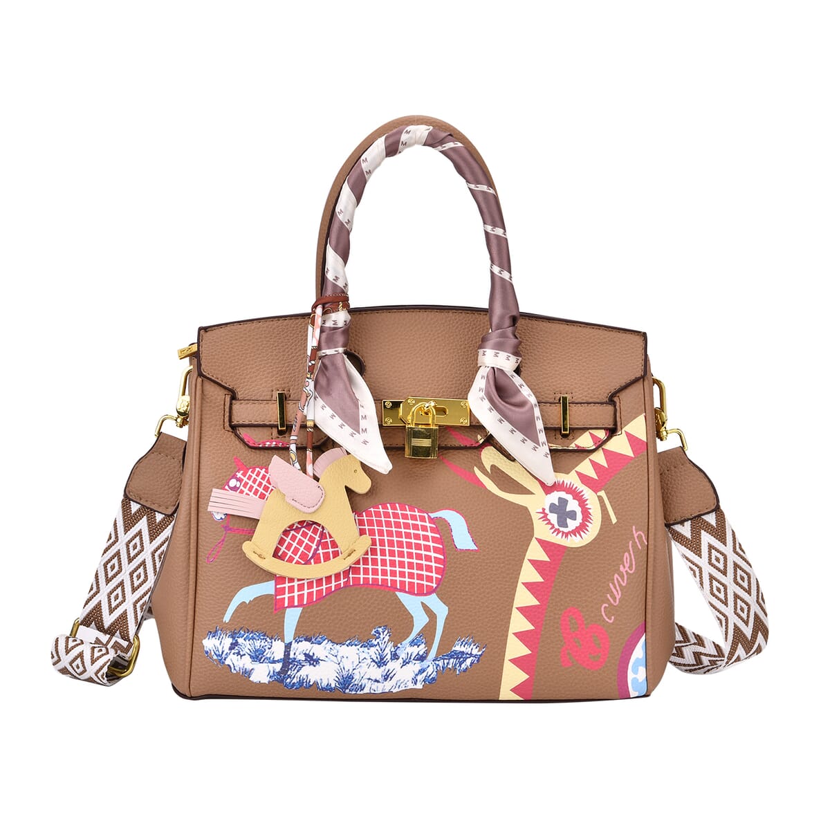 Tan Faux Leather Crossbody Bag with Pony Charm with Adjustable Shoulder Strap image number 0