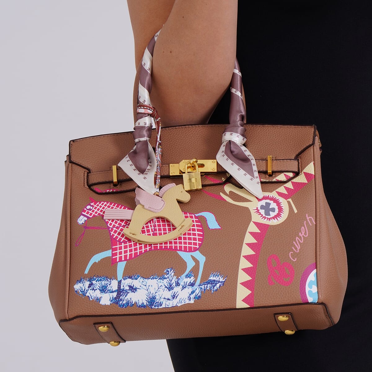 Tan Faux Leather Crossbody Bag with Pony Charm with Adjustable Shoulder Strap image number 2