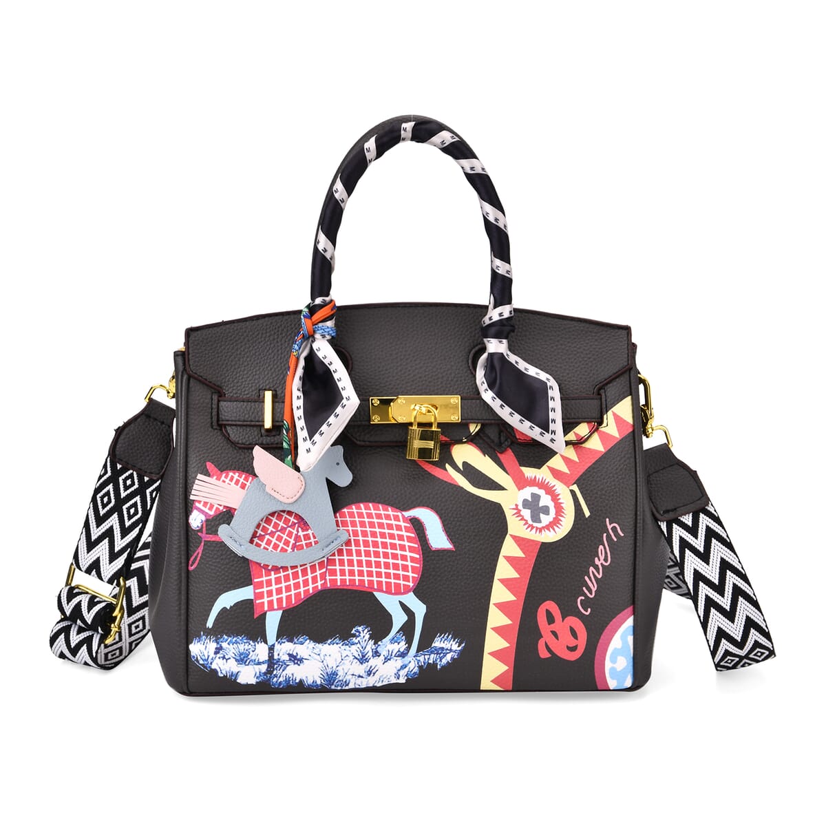 Black Faux Leather Crossbody Bag with Pony Charm with Adjustable Shoulder Strap image number 0