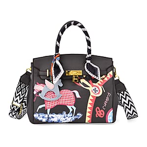 Black Faux Leather Crossbody Bag with Pony Charm with Adjustable Shoulder Strap