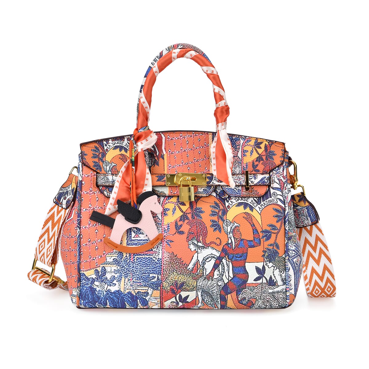 Intricate Pattern Faux Leather Crossbody Bag with Pony Charm with Adjustable Shoulder Strap image number 0