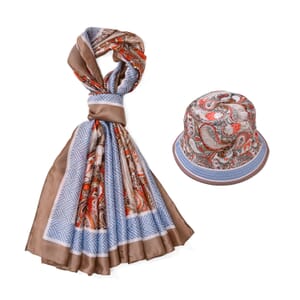 Brown Paisley Matching Digitally Printed Polyester Bucket Hat and Scarf Set