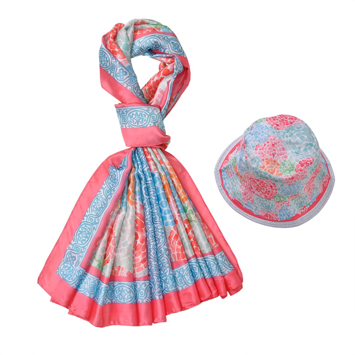 Pink Abstract Matching Digitally Printed Polyester Bucket Hat and Scarf Set image number 0